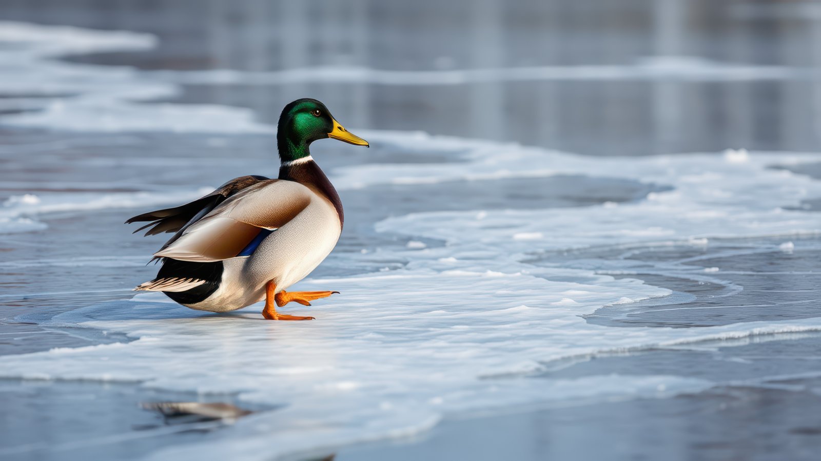 Duck walking on frozen lake with ice formations in winter landscape during daytime